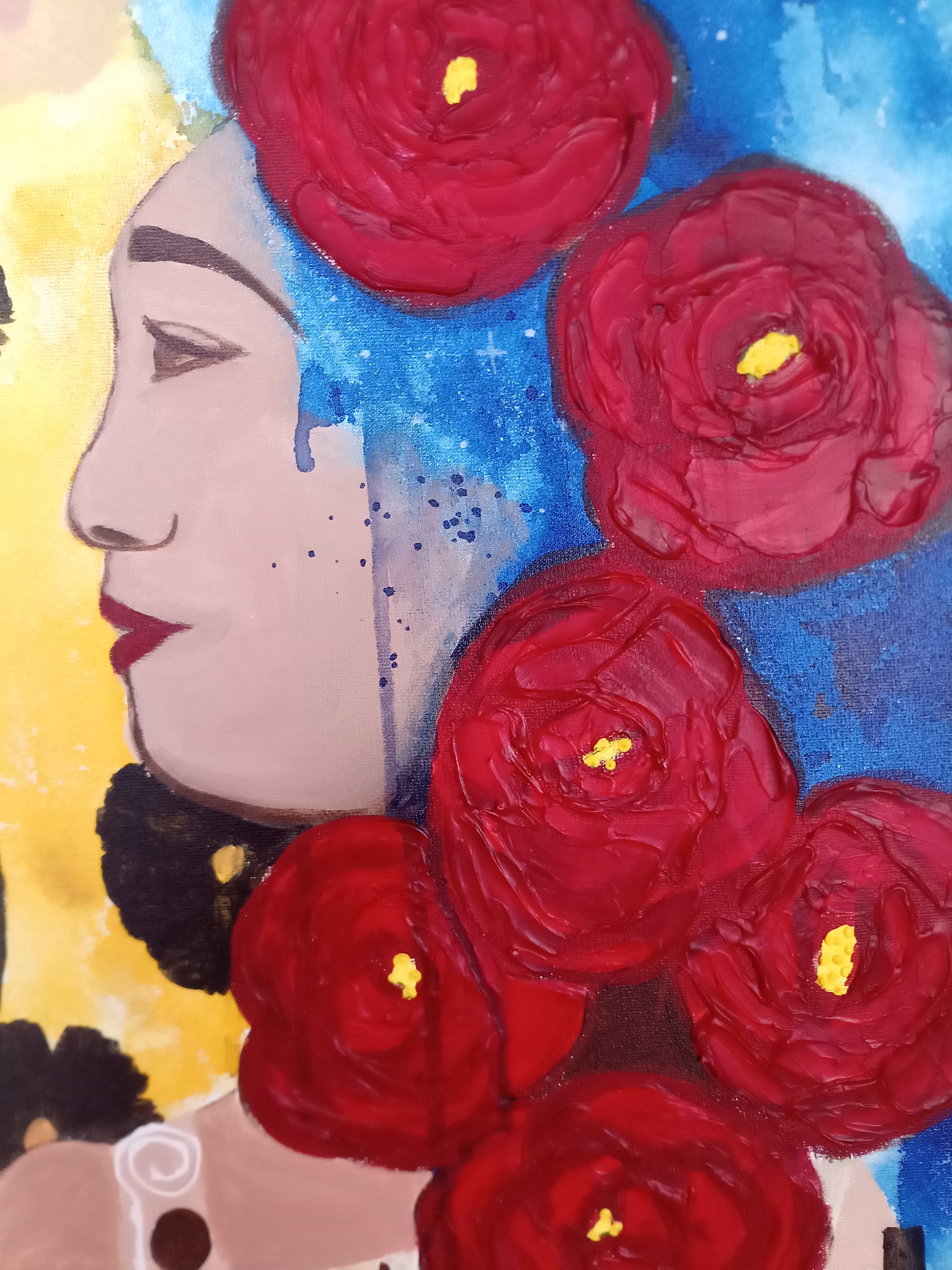 Tableau original “Rêve d’amour et d’or” – Acrylique 60x60 cm – Art coloré, féminin, colibri, fleurs rouges, style moderne inspiré Klimt – Œuvre unique