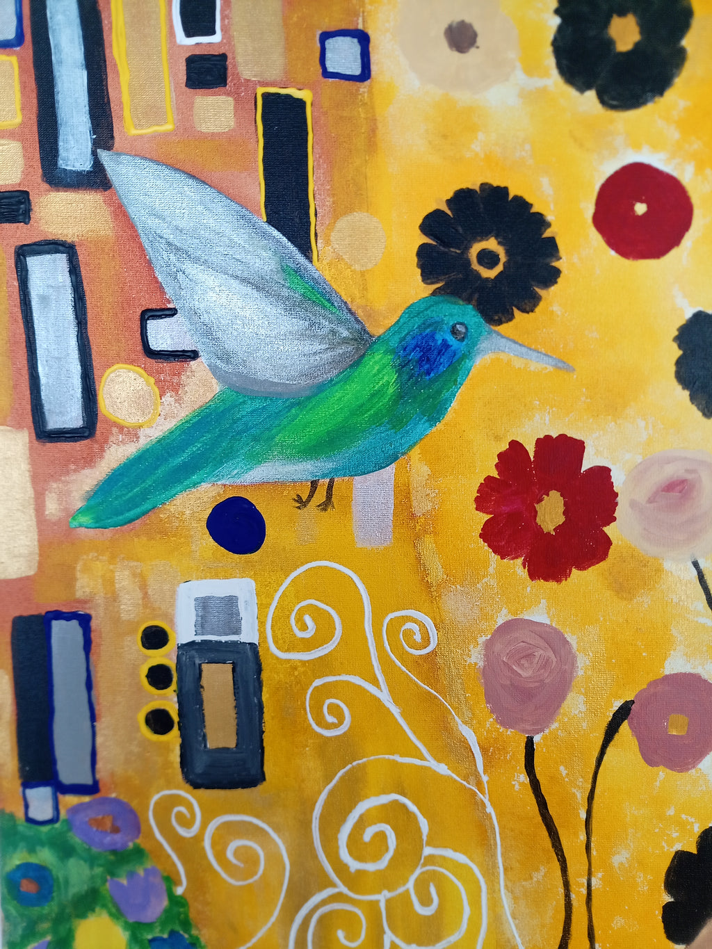 Tableau original “Rêve d’amour et d’or” – Acrylique 60x60 cm – Art coloré, féminin, colibri, fleurs rouges, style moderne inspiré Klimt – Œuvre unique