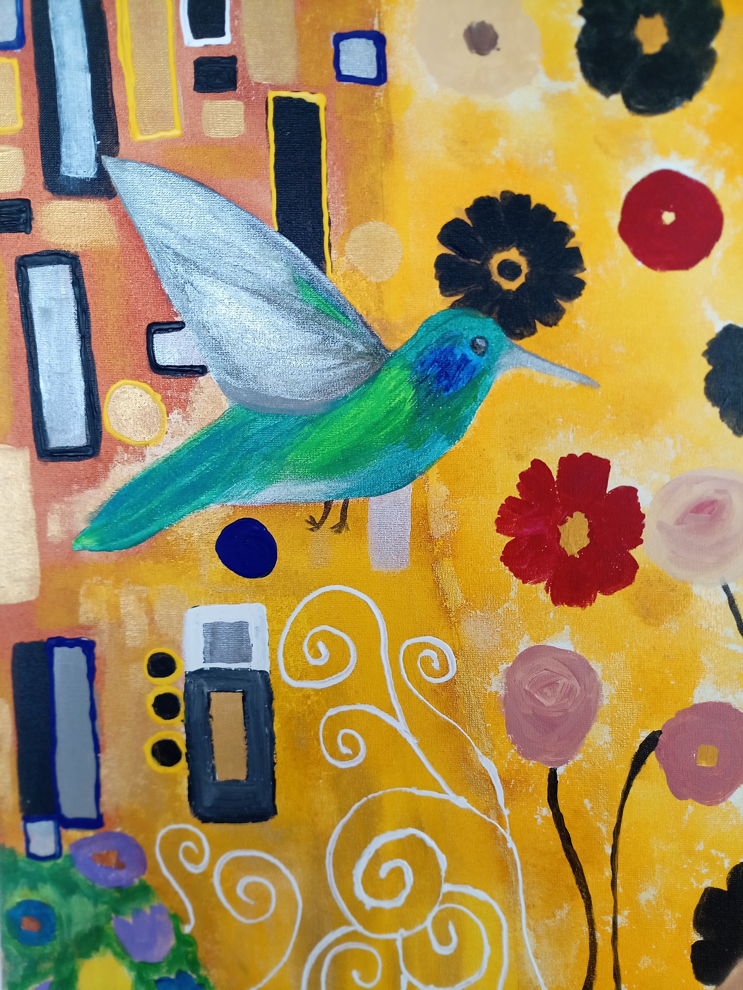 Tableau original “Rêve d’amour et d’or” – Acrylique 60x60 cm – Art coloré, féminin, colibri, fleurs rouges, style moderne inspiré Klimt – Œuvre unique