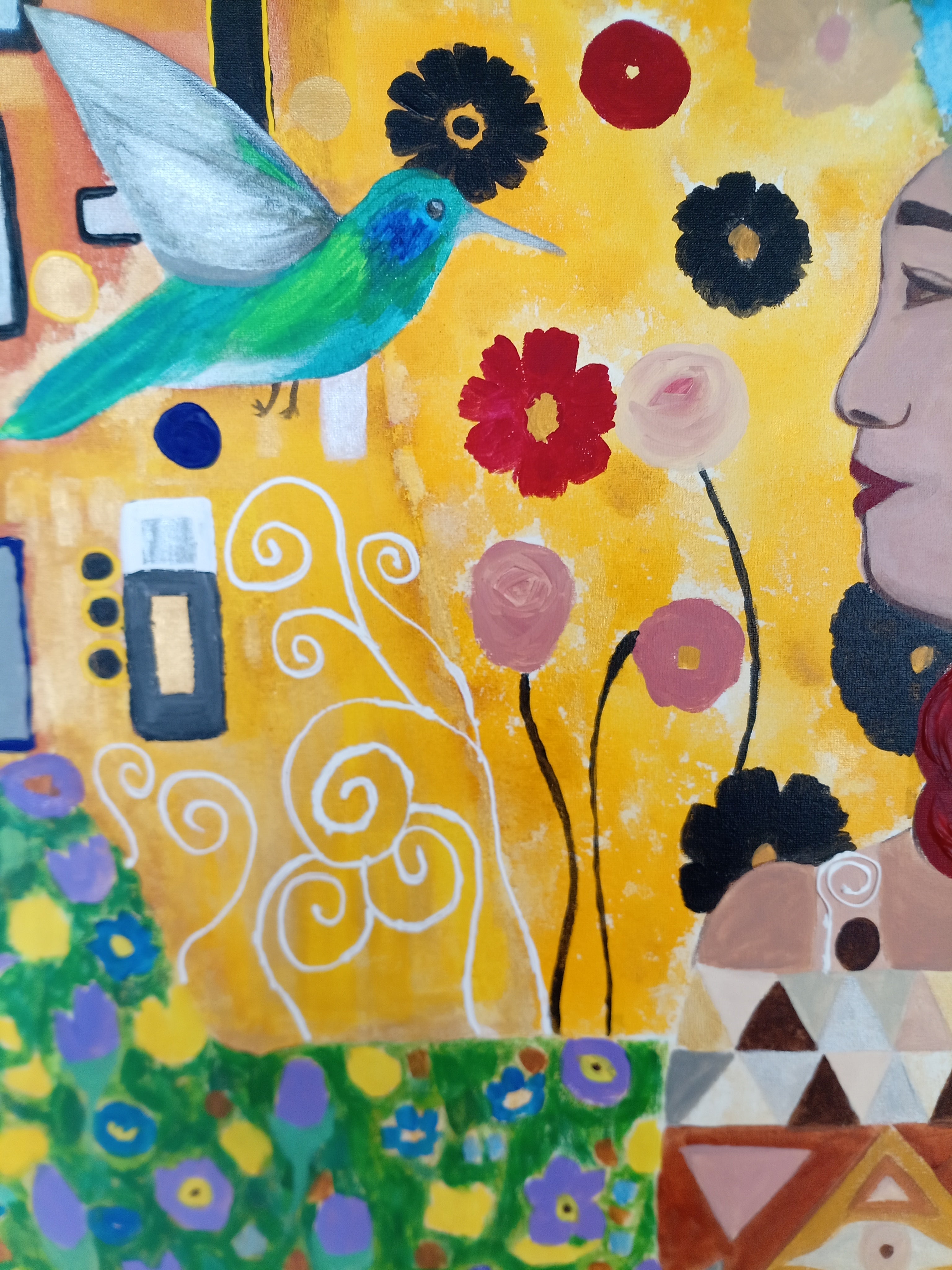 Tableau original “Rêve d’amour et d’or” – Acrylique 60x60 cm – Art coloré, féminin, colibri, fleurs rouges, style moderne inspiré Klimt – Œuvre unique