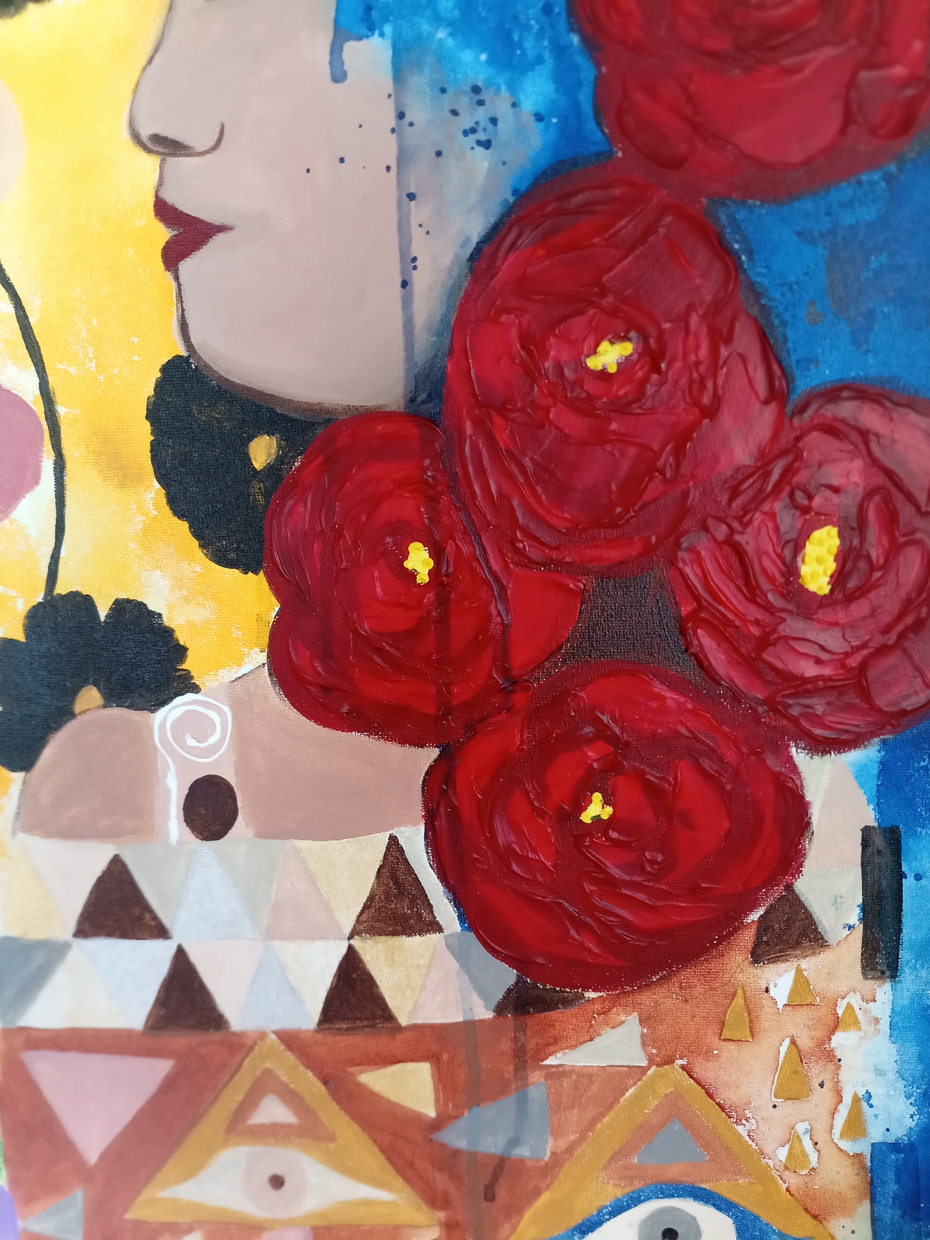 Tableau original “Rêve d’amour et d’or” – Acrylique 60x60 cm – Art coloré, féminin, colibri, fleurs rouges, style moderne inspiré Klimt – Œuvre unique